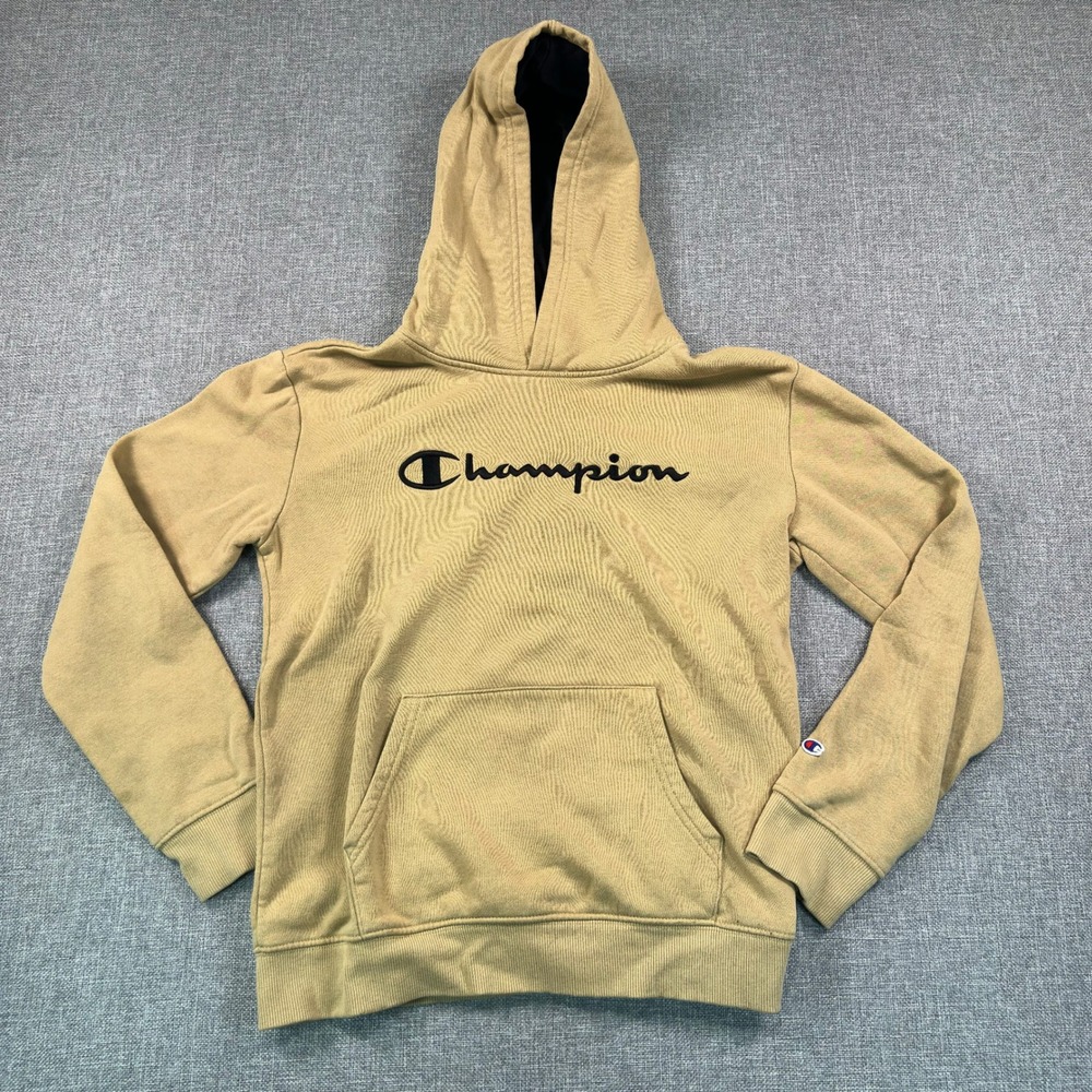 Champion Kids XL 14/16 Pullover Hoodie Tan Khaki Script Logo Sweatshirt Pocket